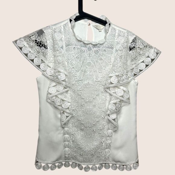 🤍 TED BAKER LONDON HIGH NECK LACK FRONT BLOUSE WHITES SIZE 1 (US 2/4) SMALL - Picture 6 of 10